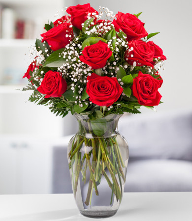 One Dozen Red Roses + Clear Glass Vase