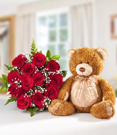 R-025: Dozen Red Roses with Teddy Bear